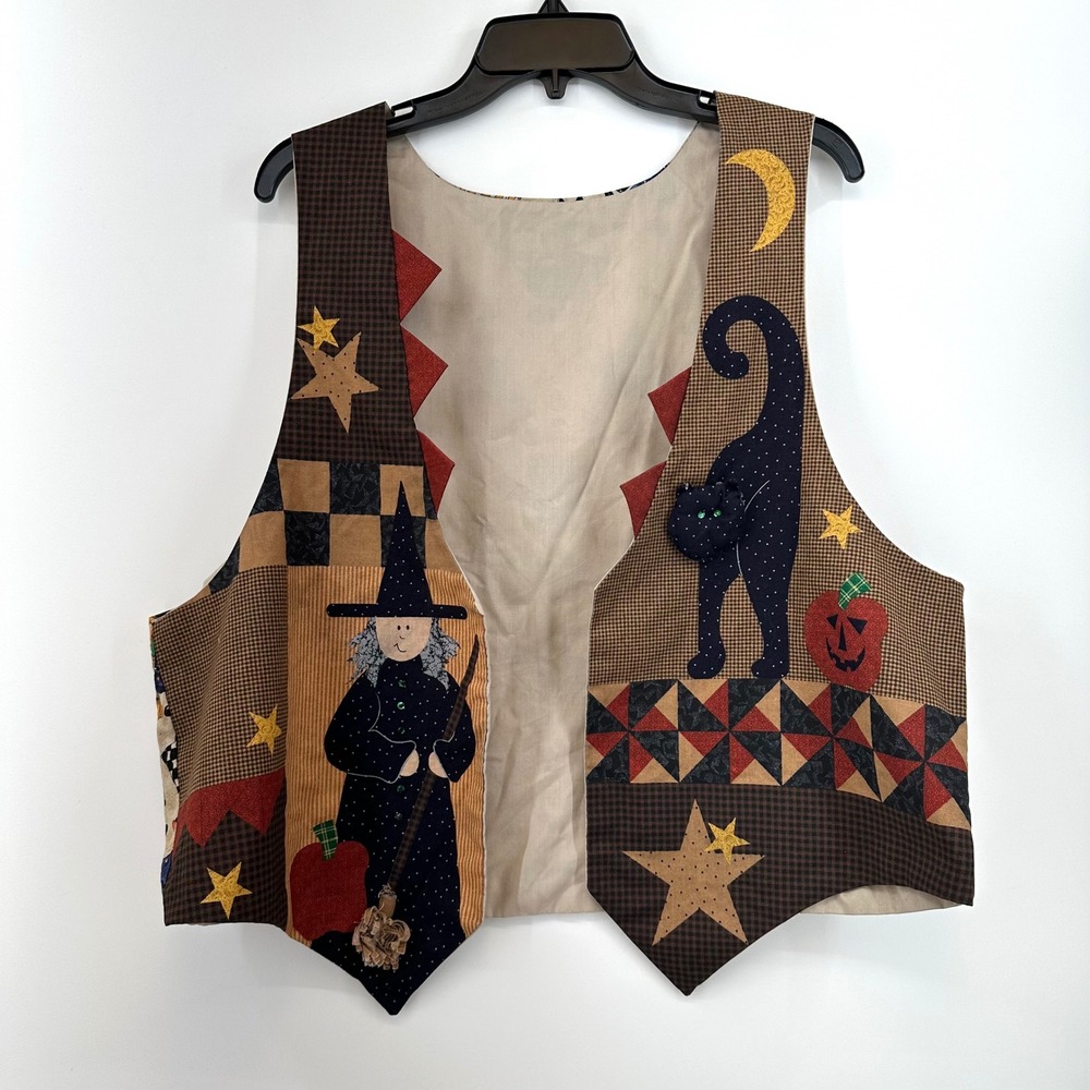 Vintage Handmade Halloween Vest XL (see measurements) Witch Black Cat Pumpkin